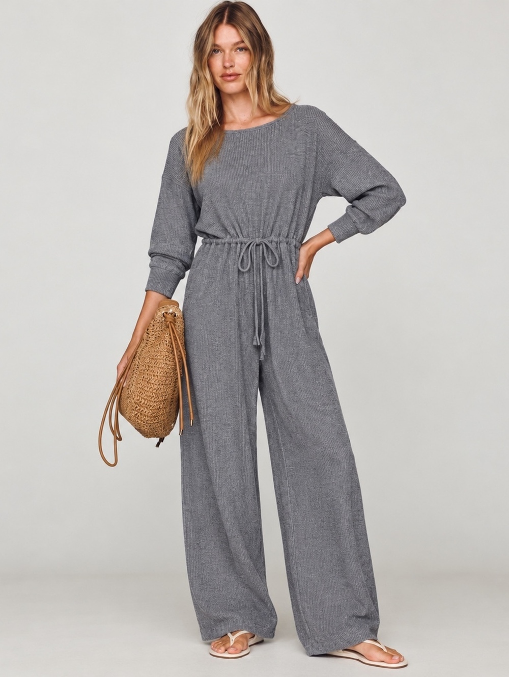 Express Gray Waffle Knit Wide Leg Jumpsuit Long Sleeve Tie Waist Small